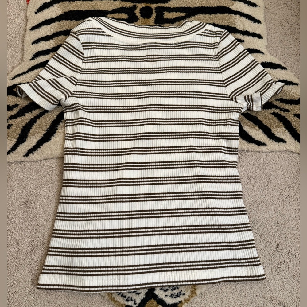 DAILY PRACTICE Anthropology White Brown Striped Ribbed V-Neck Short Sleeve Large - Picture 9 of 11